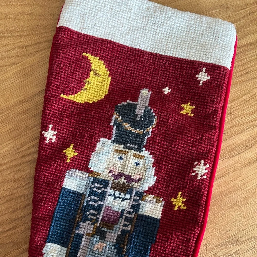 VTG Wool Needlepoint Nutcracker Christmas Stocking Red Velvet Back 20